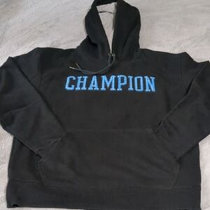 Champion Black Hoodie with Vibrant Blue Lettering